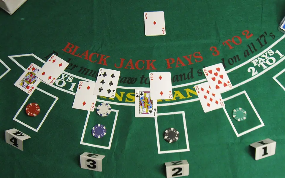 Blackjack table with cards dealt and chips placed on the betting spots